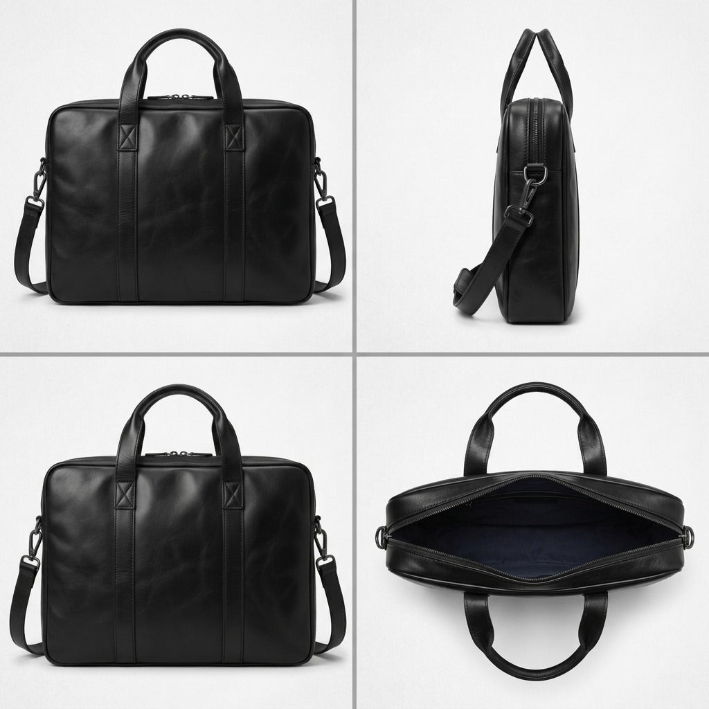 A clean ecommerce grid matrix showing the black leather dual-handle briefcase from four angles: front, side, back, and top-down.