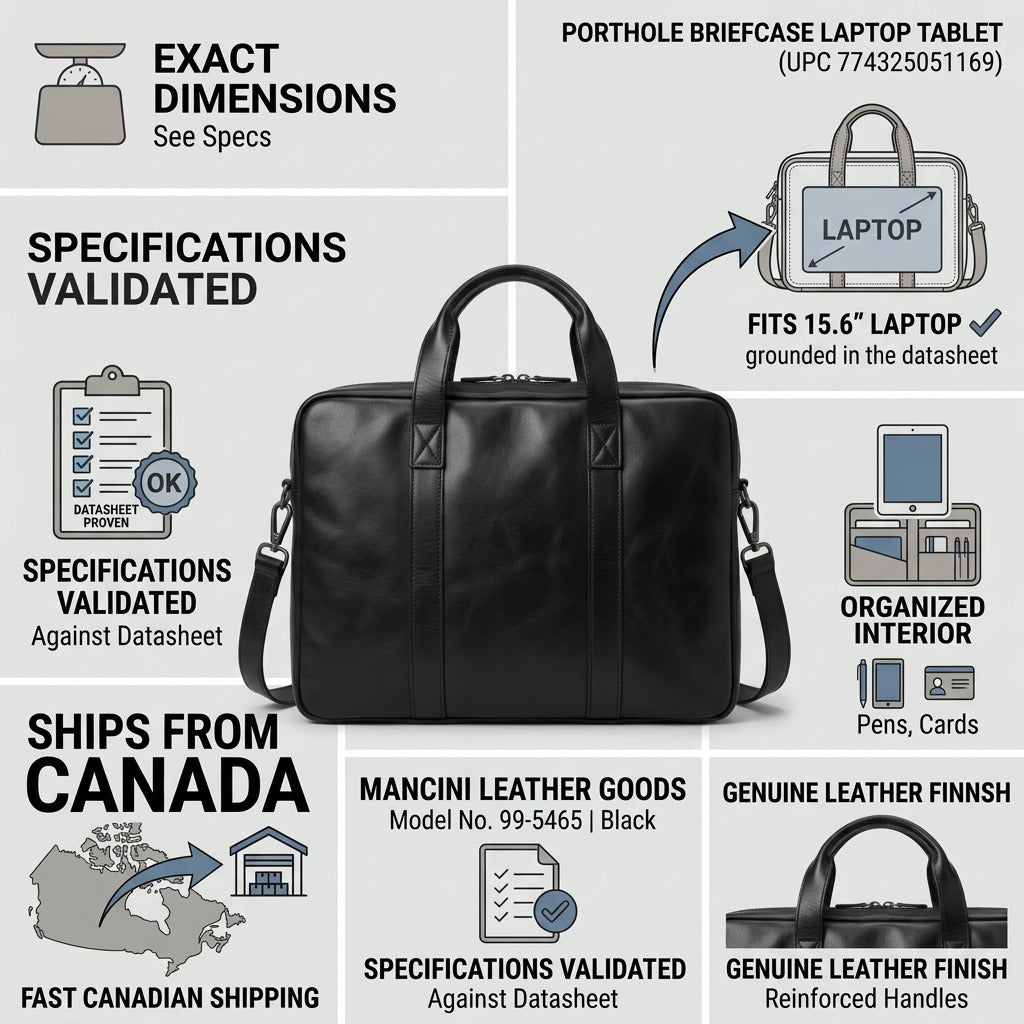 Confidence graphic featuring the Mancini Leather Goods black leather briefcase, surrounded by factual benefit icons.