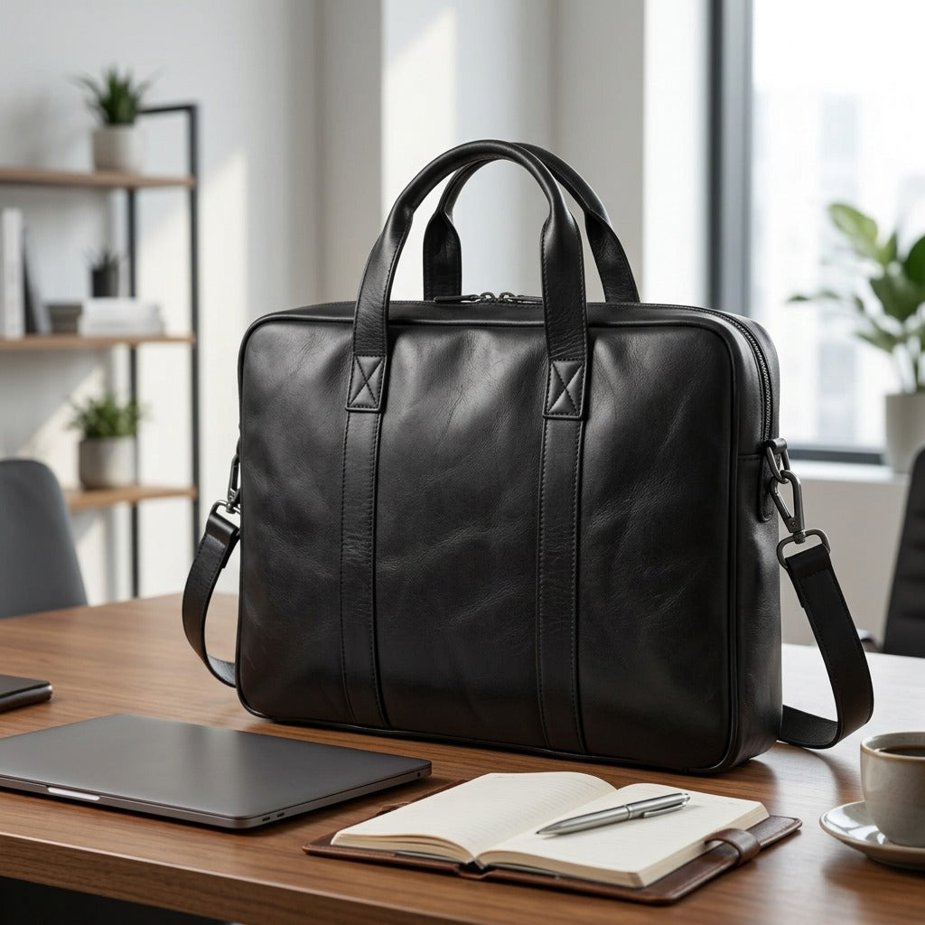A realistic photo of the Mancini Leather Goods 99-5465-BLACK briefcase on a wooden desk with a laptop and coffee cup.