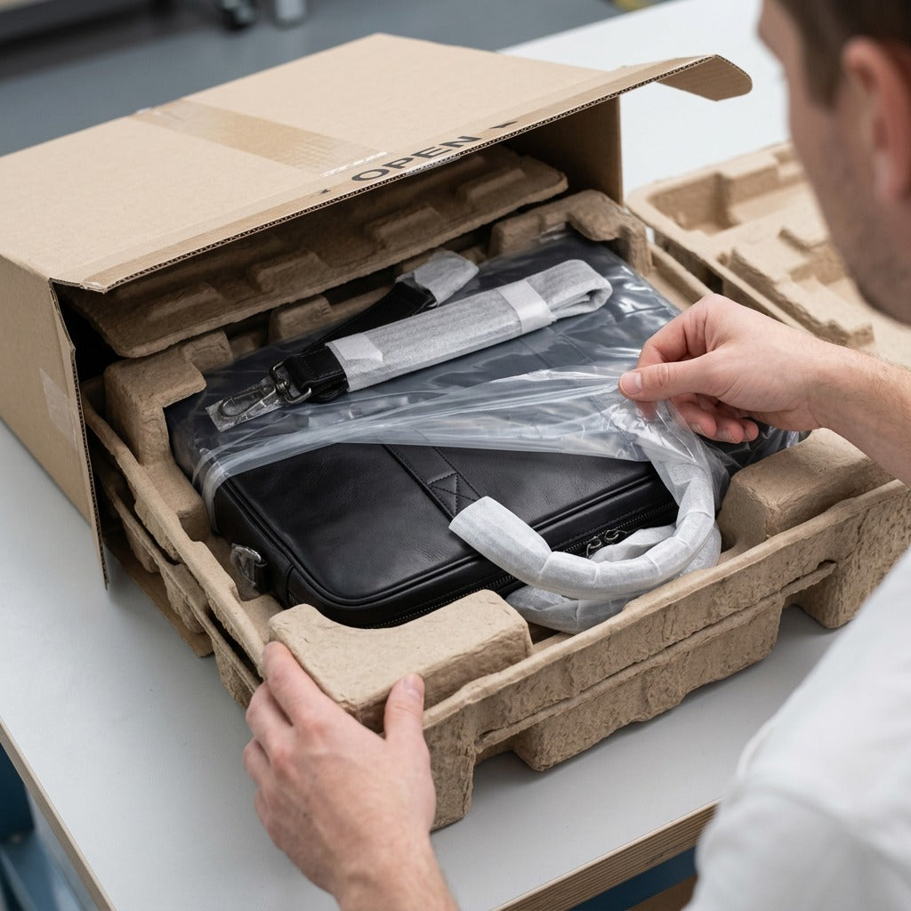 An unboxing scene shows the Mancini leather briefcase secured inside protective foam inserts from a shipping box.