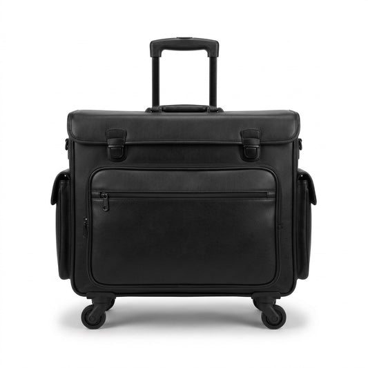 High-resolution ecommerce hero shot of a black leather wheeled catalog case on white background.