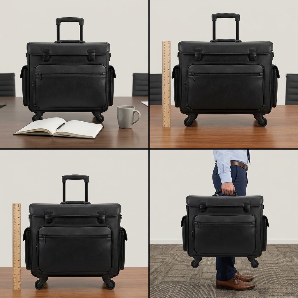 A scale matrix showing the Mancini Leather Goods 90458-BLACK Wheeled Catalog Case from visual canonical image 0 beside a standard-sized person and an open desk with realistic workspace elements for true size visualization.