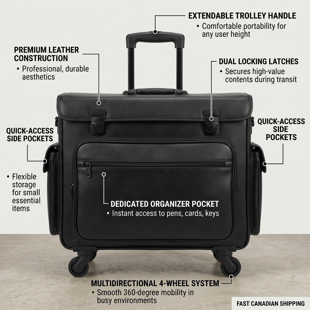 Product infographic detailing operational features of the Mancini leather wheeled catalog case.
