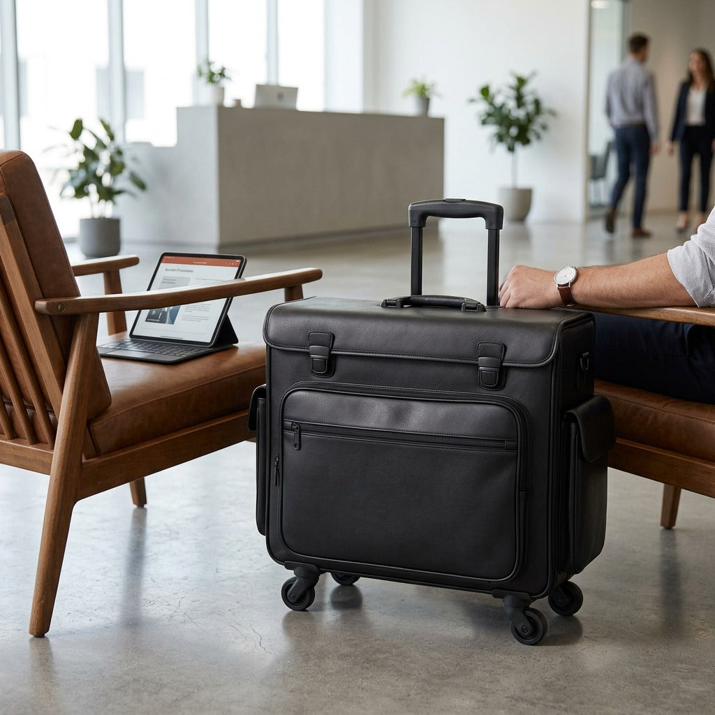A professional seated in a modern lounge with a black rolling Mancini leather catalog case nearby.