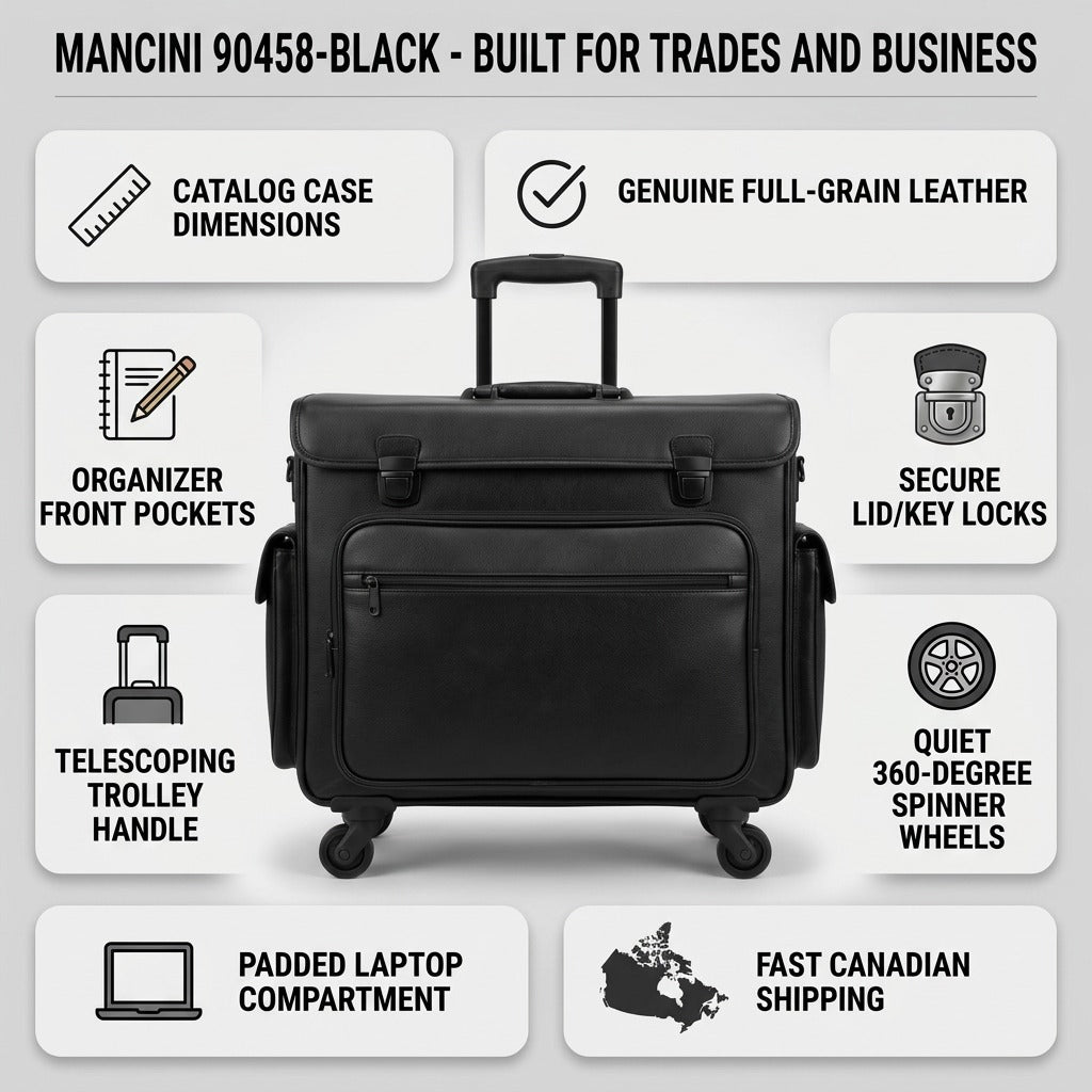 Trust and authority infographic matrix for the Mancini leather catalog case, featuring 8 factual product cues.