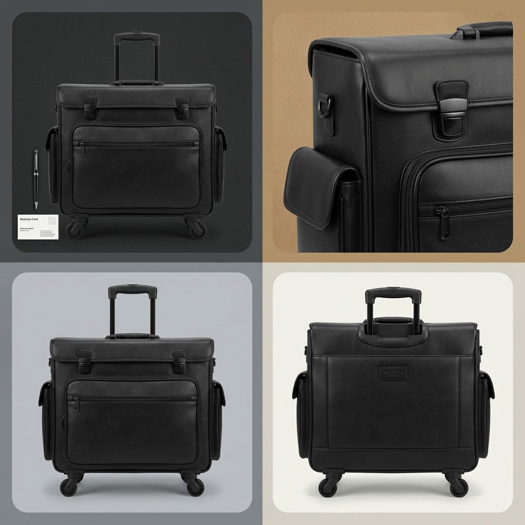A quality comparison matrix image for the black leather wheeled catalog case, showing a full front-view photograph with extended handle, detailed close-up textures, and key hardware from different useful angles. It features clean eCommerce product-led lighting and consistent brand-aligned backgrounds to highlight different features without inventing color variations. The specific shape, material, and components of image_0.png are preserved.