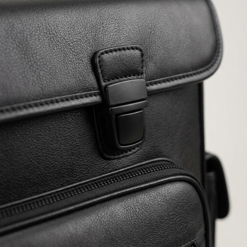 Detailed macro shot focusing on the high-quality stitching and buckle closure of the black leather wheeled catalog case.