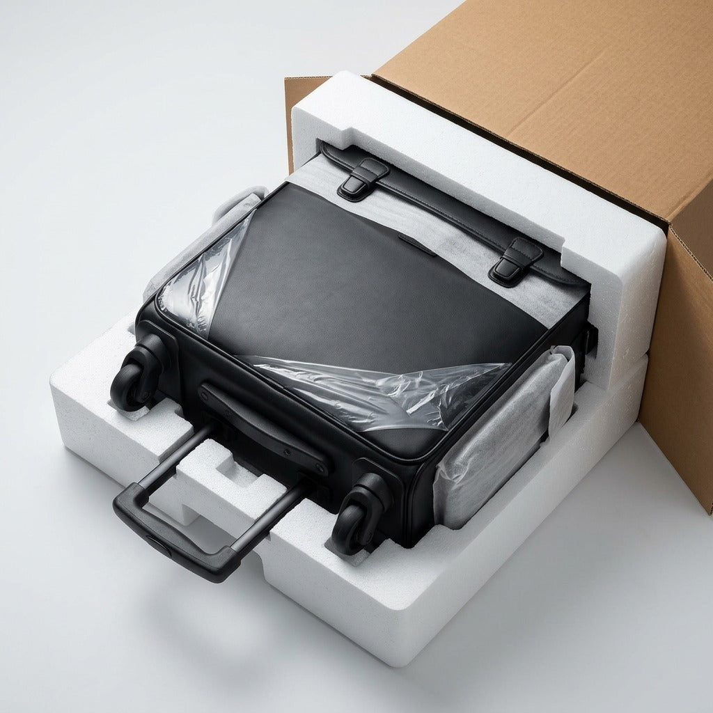Mancini Leather wheeled case protected by foam and cardboard, ready for safe shipping.