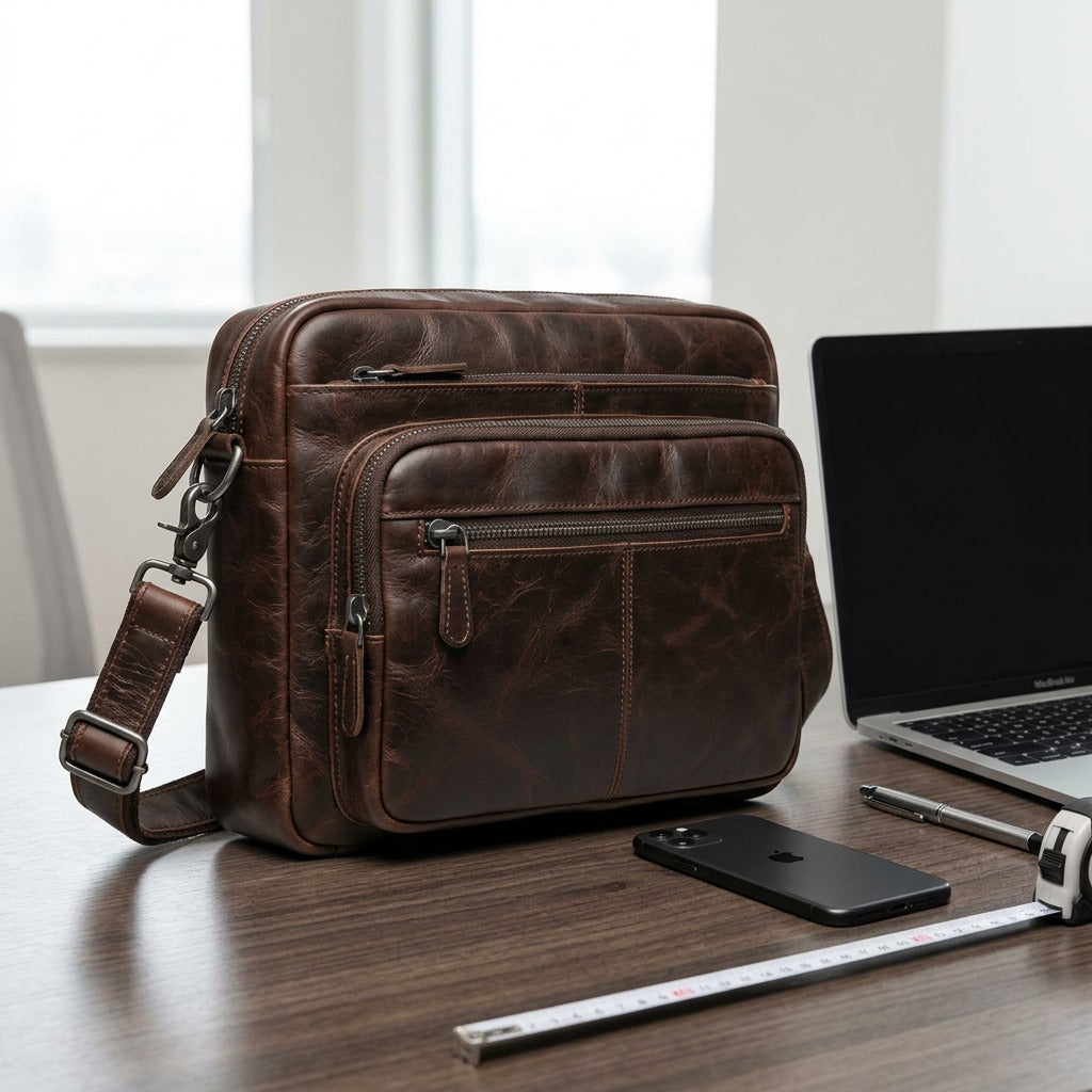A dark brown, distressed leather multi-zippered messenger bag for men is shown sitting on a dark wooden desk beside an open laptop and a smartphone, demonstrating its size for everyday car-ry.