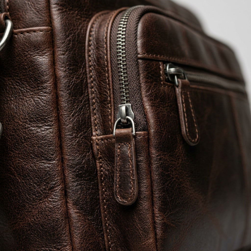 Macro shot of brown leather texture and stitching on the Mancini side bag.