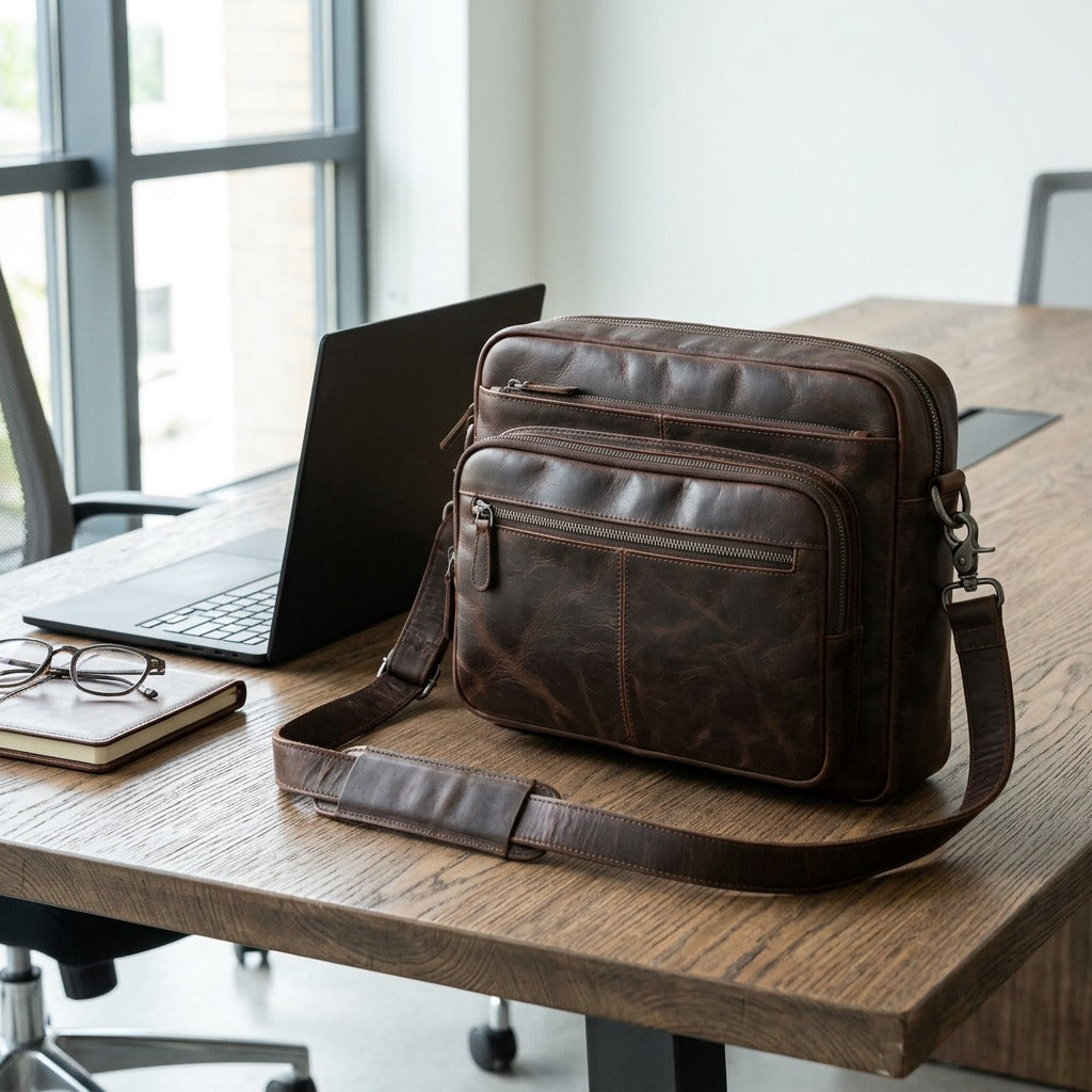 A brown leather Mancini laptop bag sits on a table near a laptop and notepad.
