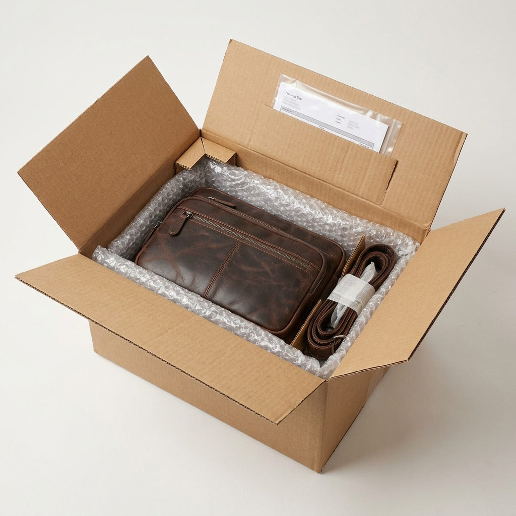A close-up photograph of the brown leather messenger bag being unboxed, nestled in bubble wrap within a sturdy shipping container.
