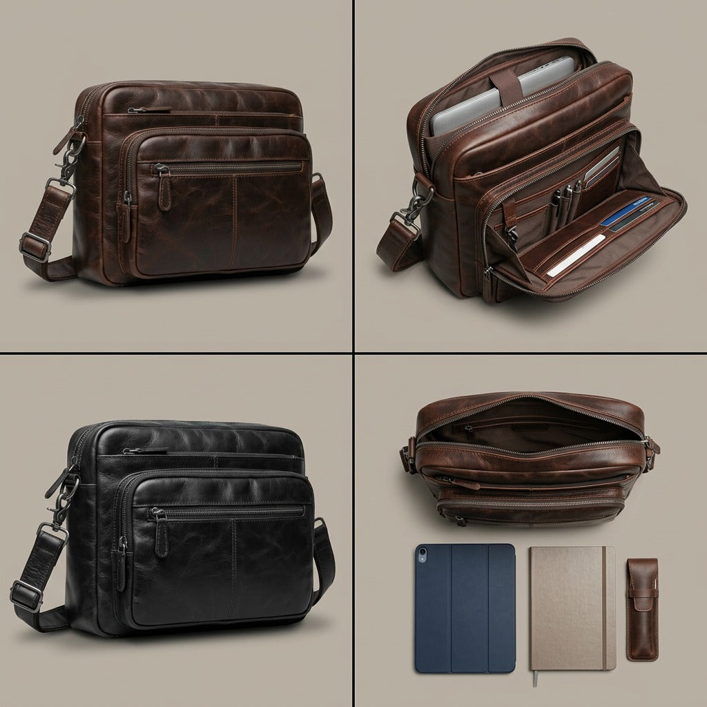 PDP visual matrix for the brown leather messenger bag, comparing perspective, interior, a hypothetical black variant, and scale.