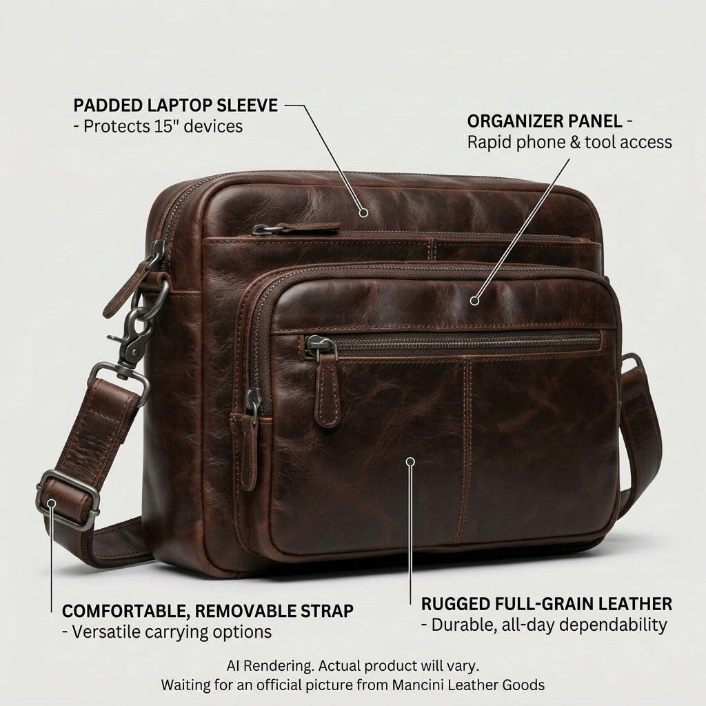 A functional diagram of the brown leather messenger bag with four operational feature callouts.
