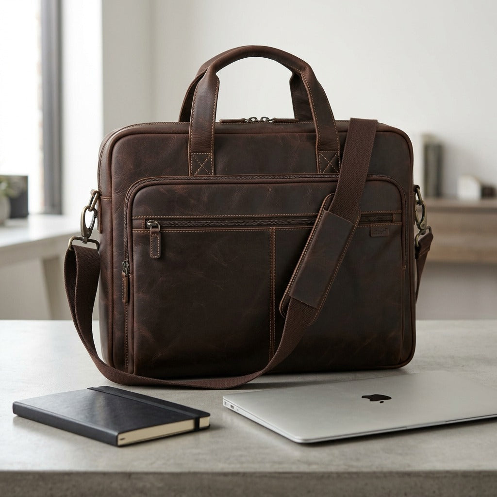 Brown leather briefcase on desk next to a laptop and notebook for scale reference.