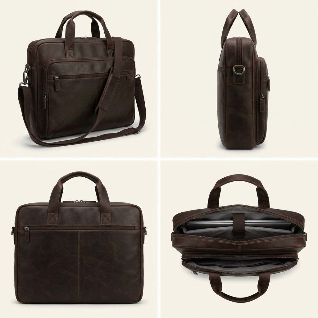 A visual matrix of a brown leather briefcase, showing its front, side, back, and top-down angles.