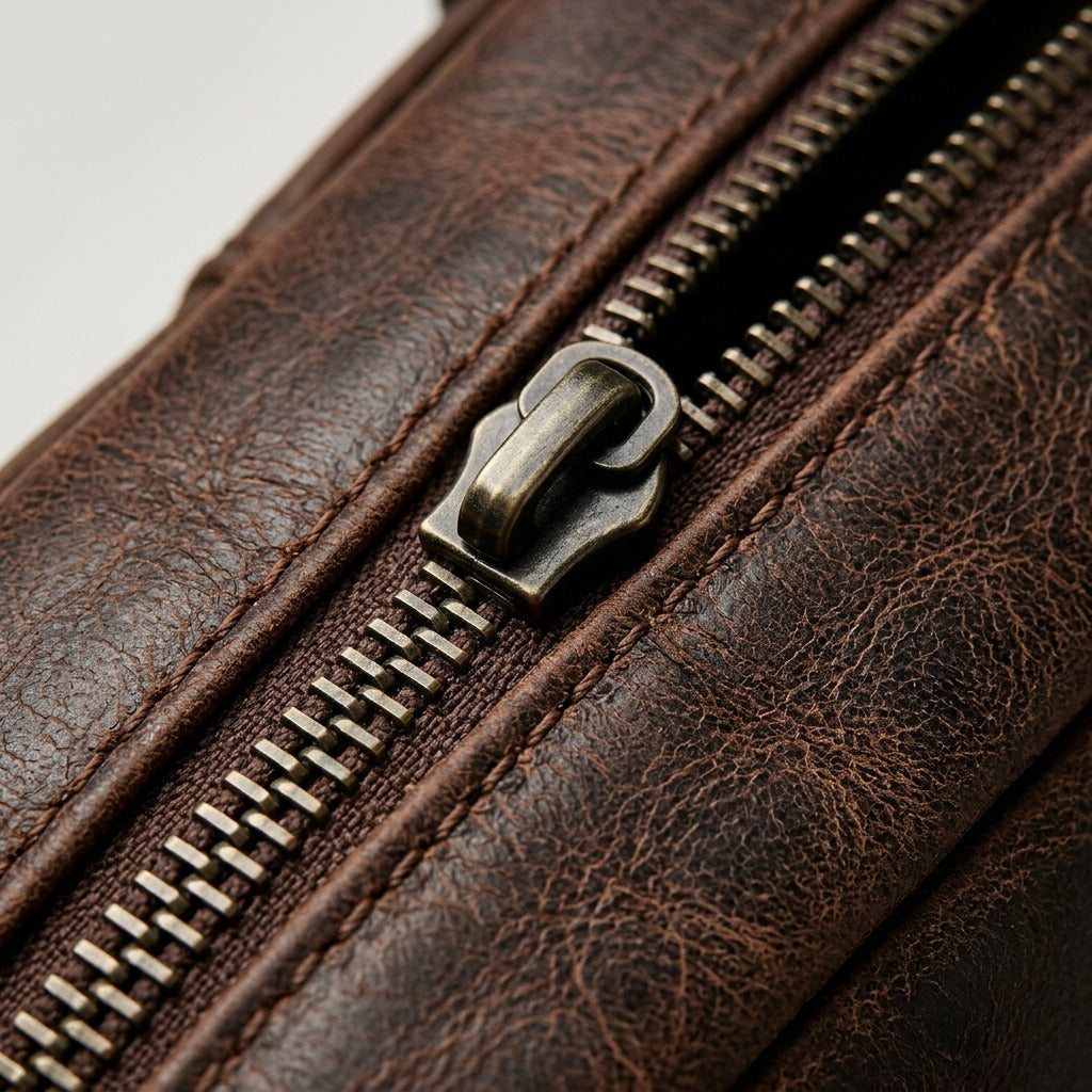A macro photo inspecting the detailed dark brown leather texture and metal zipper pull on the Mancini briefcase.