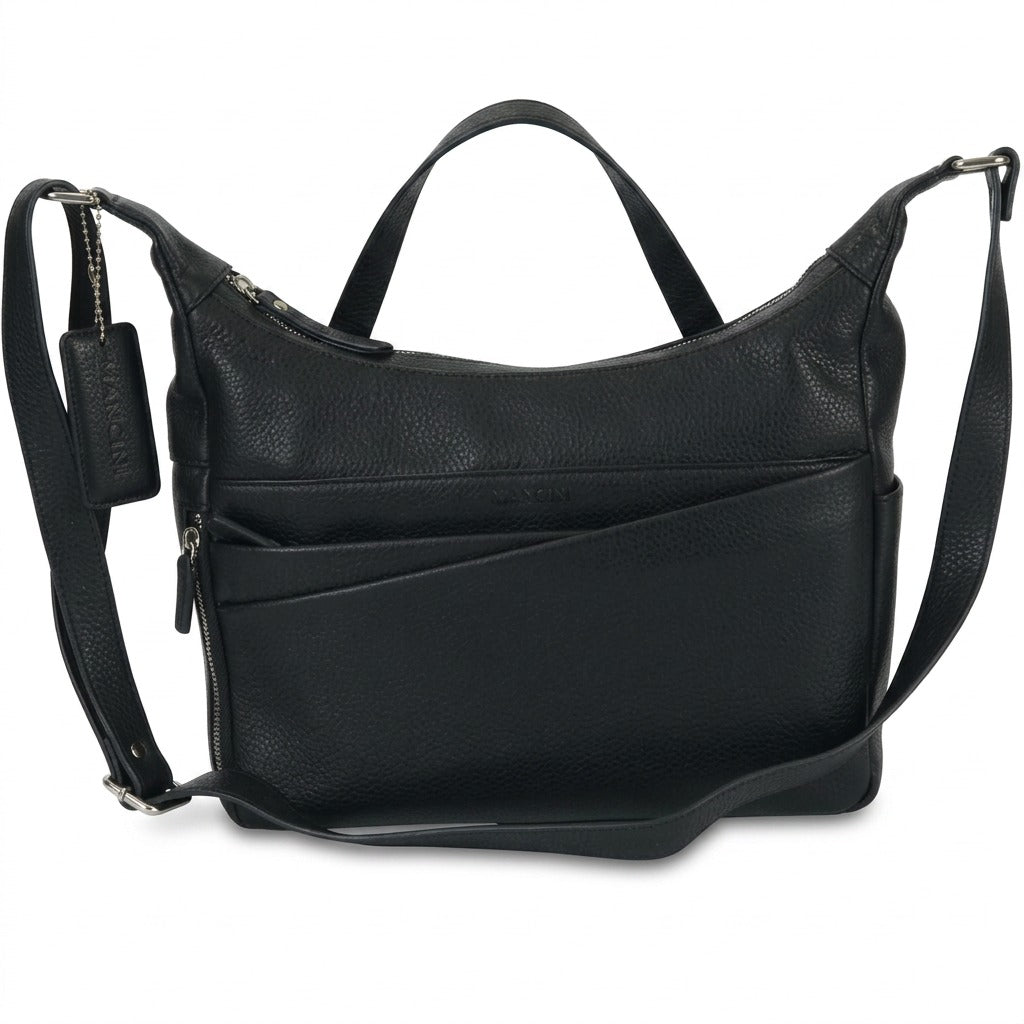 A pristine high-resolution view of the black leather Mancini June Crossbody, showing its rich pebble grain, asymmetric exterior pockets, and distinct silhouette.
