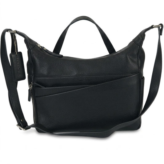 A pristine high-resolution view of the black leather Mancini June Crossbody, showing its rich pebble grain, asymmetric exterior pockets, and distinct silhouette.