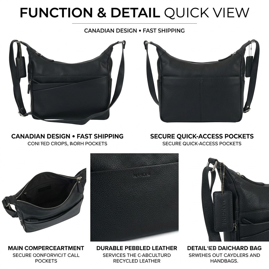 The Mancini black leather crossbody bag rests next to a standard tablet and phone on a textured light oak desk, providing a clear visual scale reference. A soft light highlights the pebbled texture, with a clean office background and chair in soft focus.