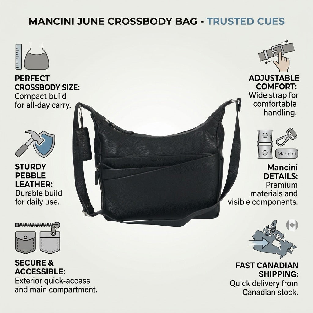 A detailed infographic and matrix visualizing the key confidence-inspiring features and fast shipping of the black crossbody bag.