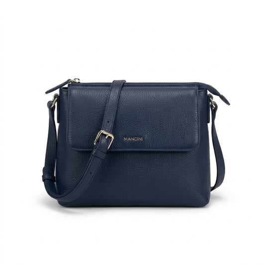 Mancini HBP1077-NAVY navy leather crossbody bag hero shot on white background.