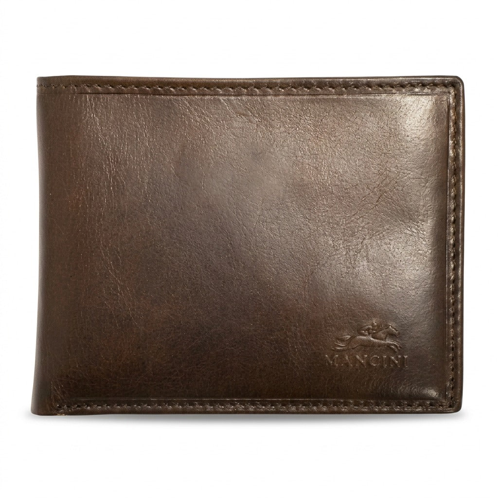 A high-resolution product shot of the dark brown leather Mancini wallet on a pure white background, showcasing its embossed logo.