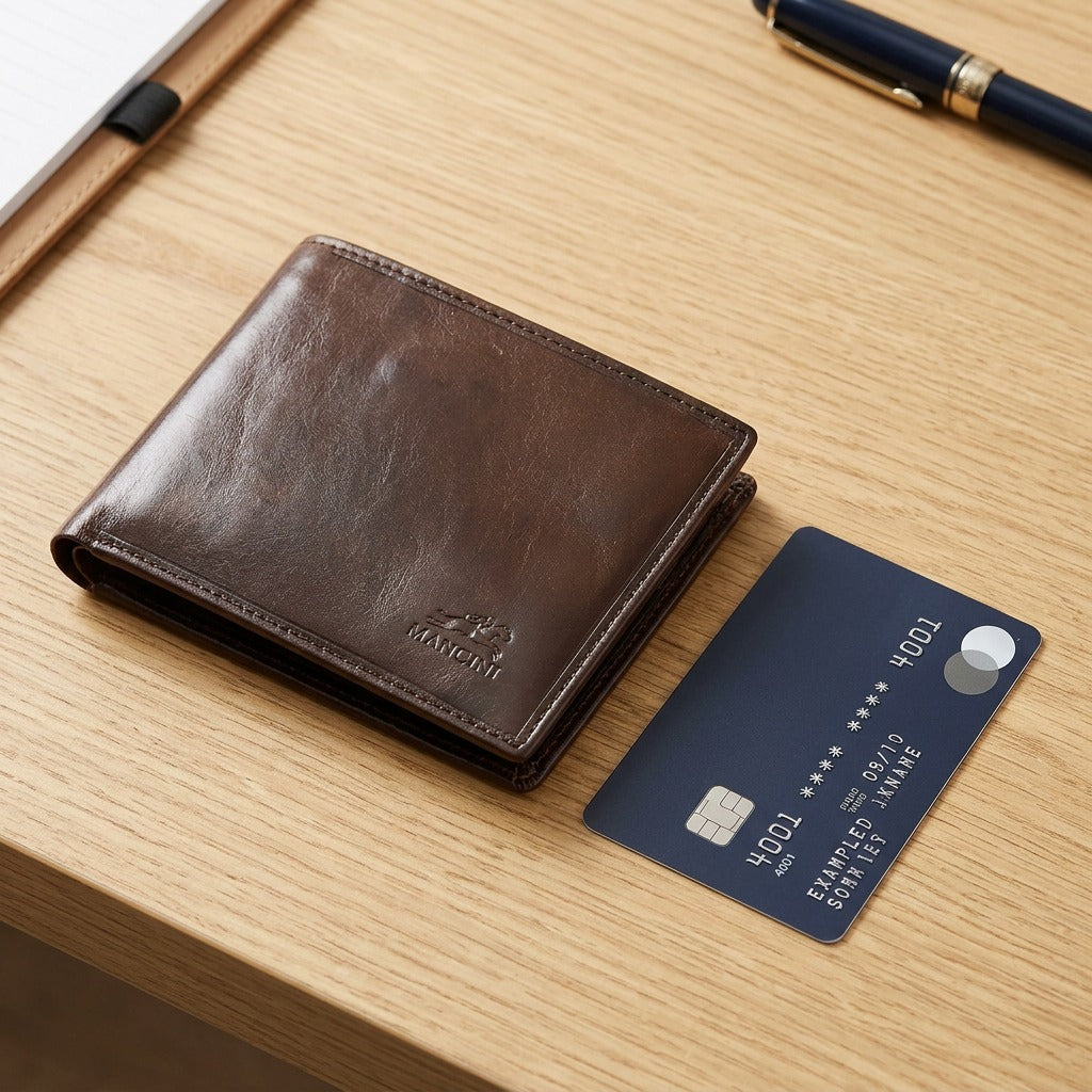 A scale-reference image of the specific brown leather bifold wallet alongside a standard credit card.