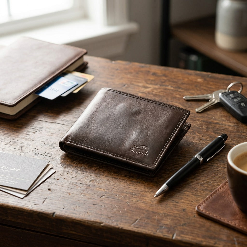 A photorealistic close-up shows the closed brown leather Mancini wallet, with its signature embossed logo, resting on an aged wood desk next to a pen and a set of keys.