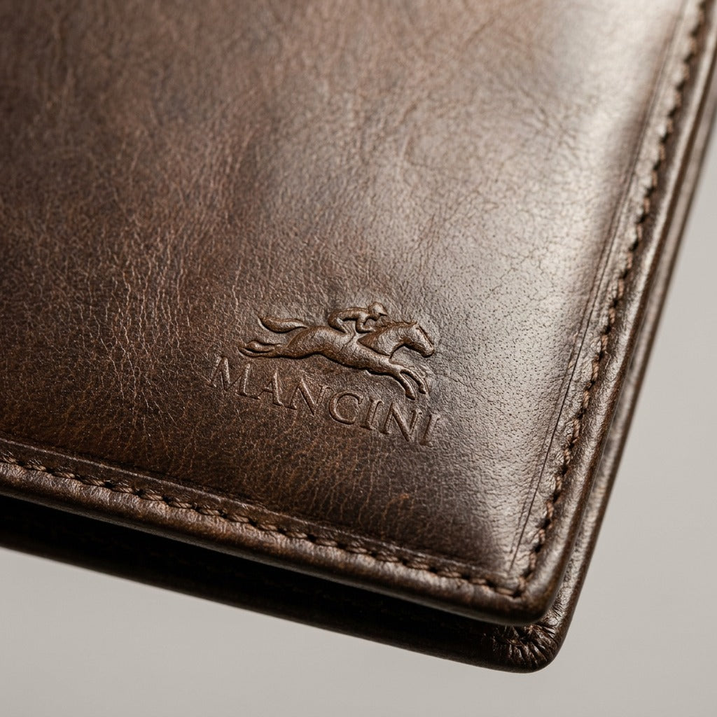 Macro image displaying the rich texture, color, and precise stitching of the dark brown leather wallet.