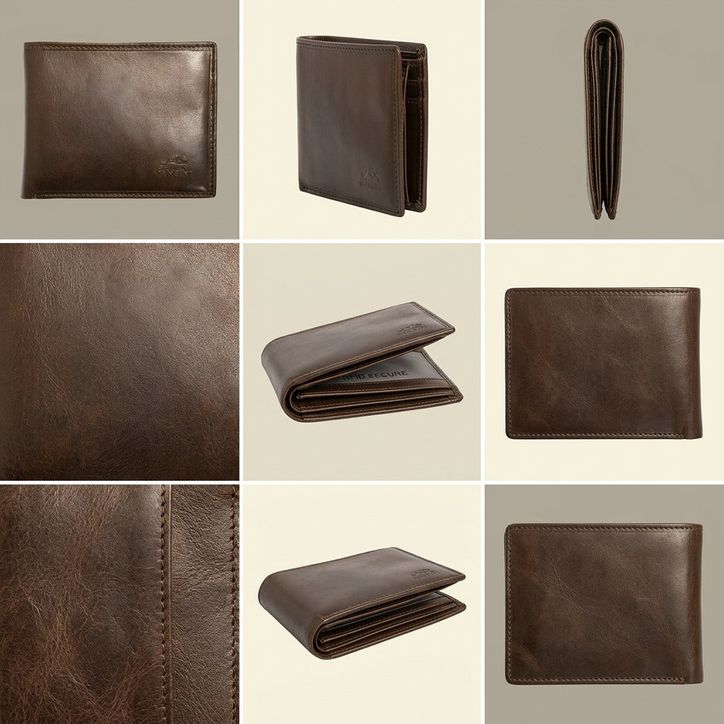 A variant grid display featuring six angles of a brown leather bi-fold wallet on minimalist light bases, highlighting textures and seams.