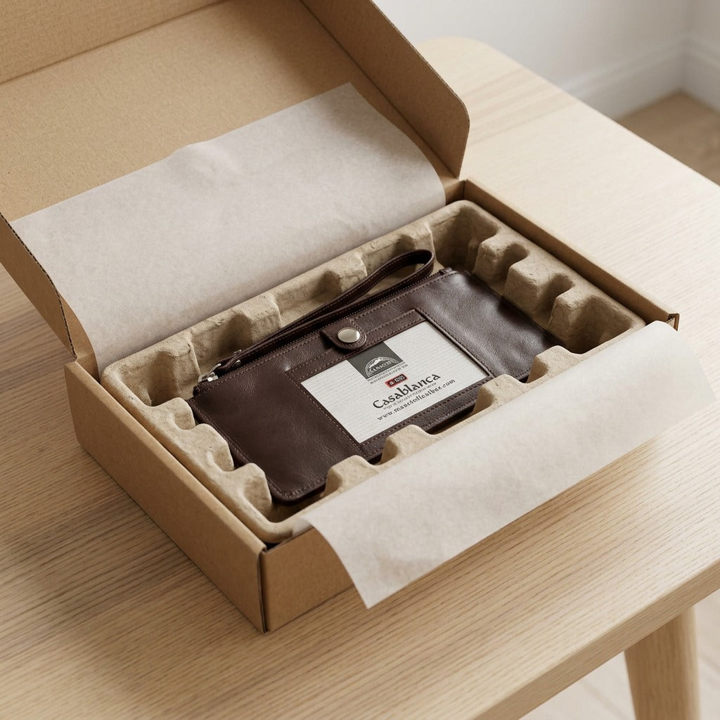 Unboxing of brown leather wristlet from a shipping box with protective padding.