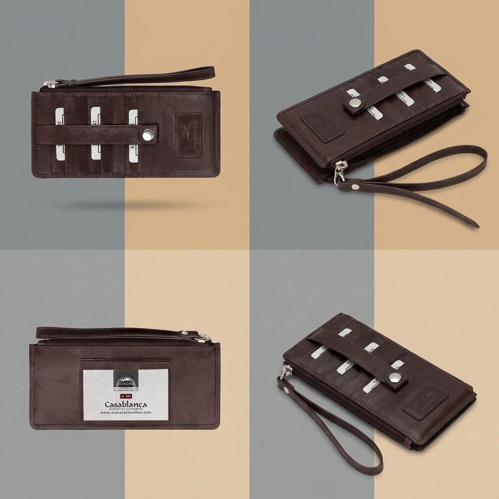 A 3-compartment matrix of the dark brown Mancini leather wristlet from different angles against different backdrops.