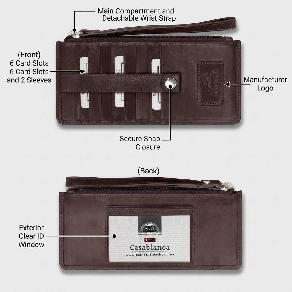 Mancini Leather Goods women's wristlet 8700207-BROWN feature callout matrix showing organizational sections and key functions.