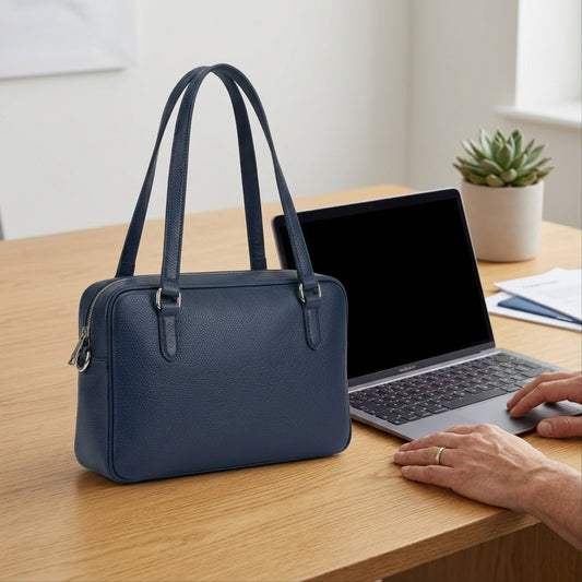 The leather tote bag is shown relative to a human hand for size comparison.