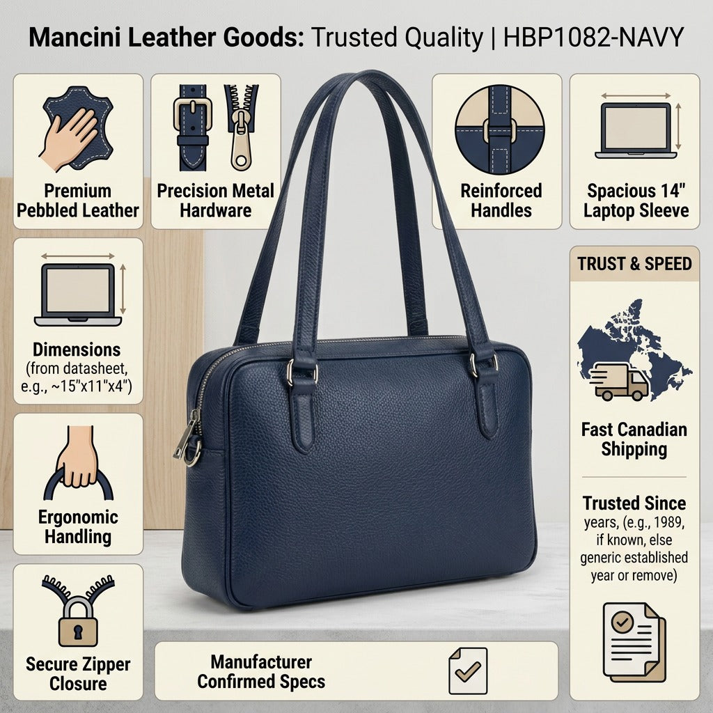 An informative infographic featuring the Mancini leather tote bag, showcasing key features and trust indicators.