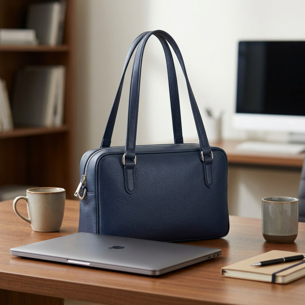 Lifestyle photo of the blue pebbled leather Mancini shoulder bag resting on a wooden desk with a laptop and coffee.