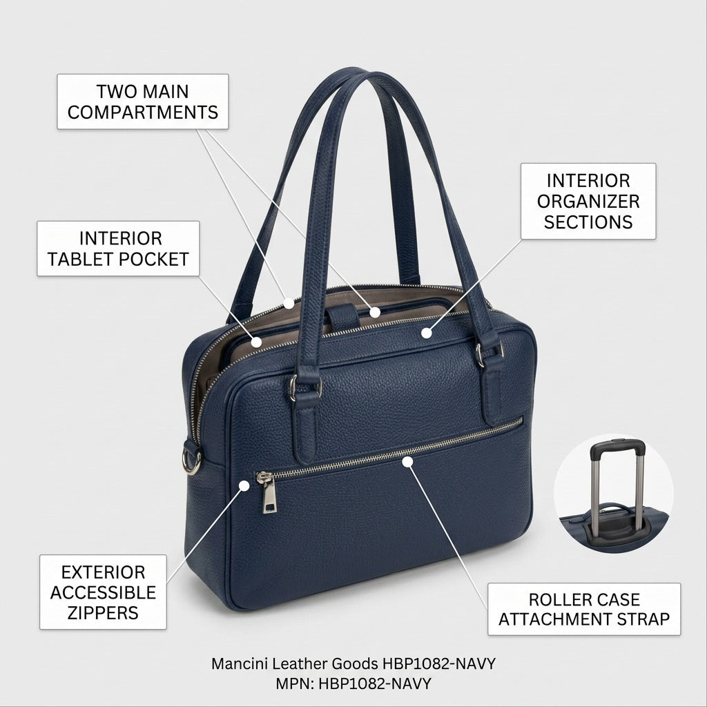 A detailed view of the Mancini Leather Goods business tote featuring callouts for storage compartments and organization sections.