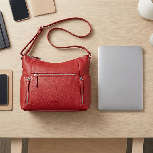 A red leather Mancini HBP1081 crossbody bag is placed on an office desk next to a standard closed laptop.