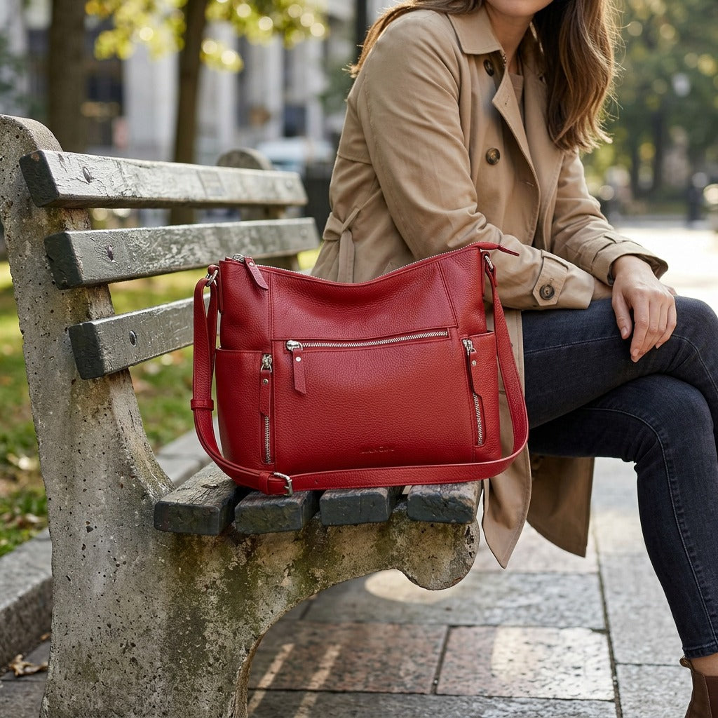 A realistic photo of the Mancini June Crossbody Handbag on a woman's hip in a city park setting.