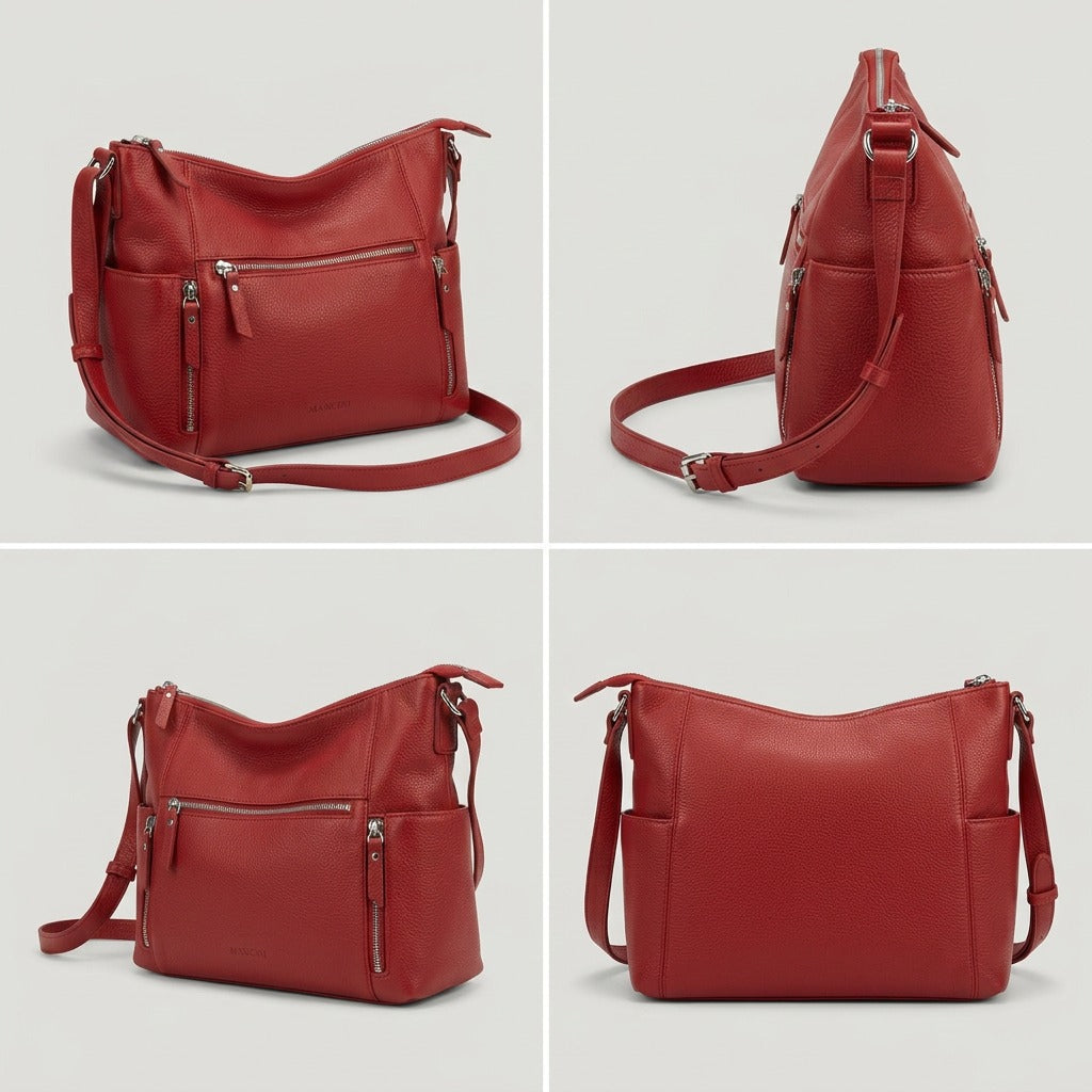 A 3-part grid of a red pebbled leather crossbody bag in a front, side, and rear profile view.