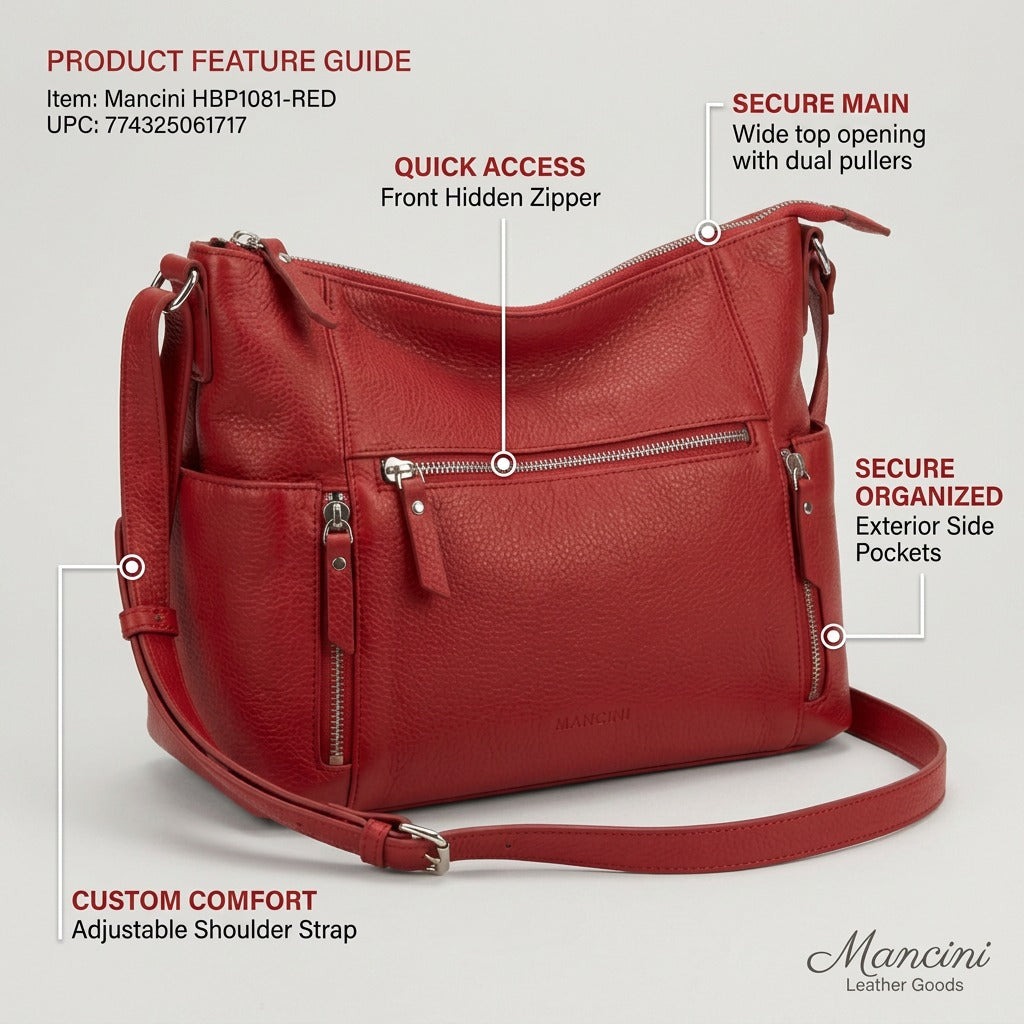A feature callout graphic of the red leather handbag from the reference image, highlighting its silver zippers, multiple pockets, comfortable crossbody strap, and quality pebble-grain leather with concise customer benefits: Quick Access, Security, Organization, and Comfort.