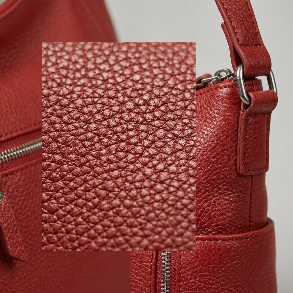 Extreme close-up view focusing on the premium pebble-grain texture, consistent stitching, and polished metal hardware of the red leather handbag.