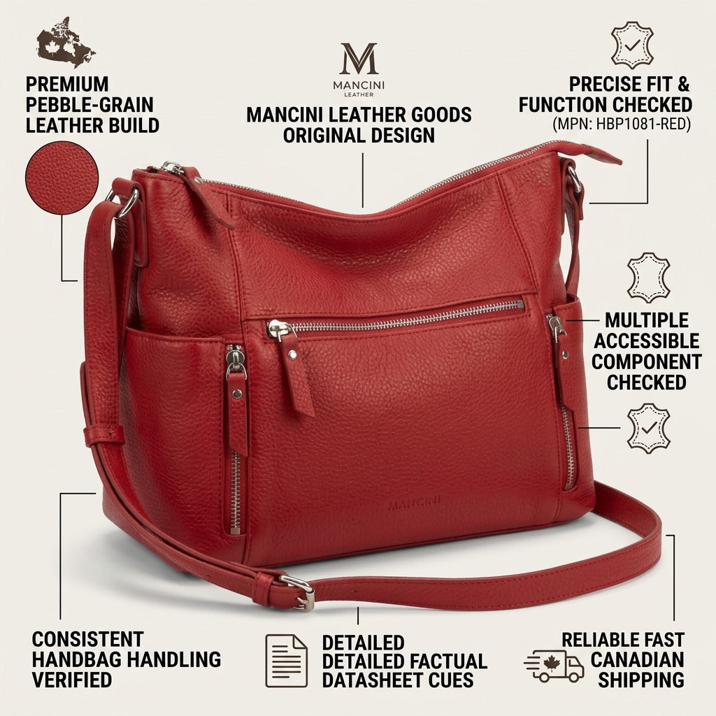 Infographic of the red Mancini June leather crossbody bag with factual product cues.