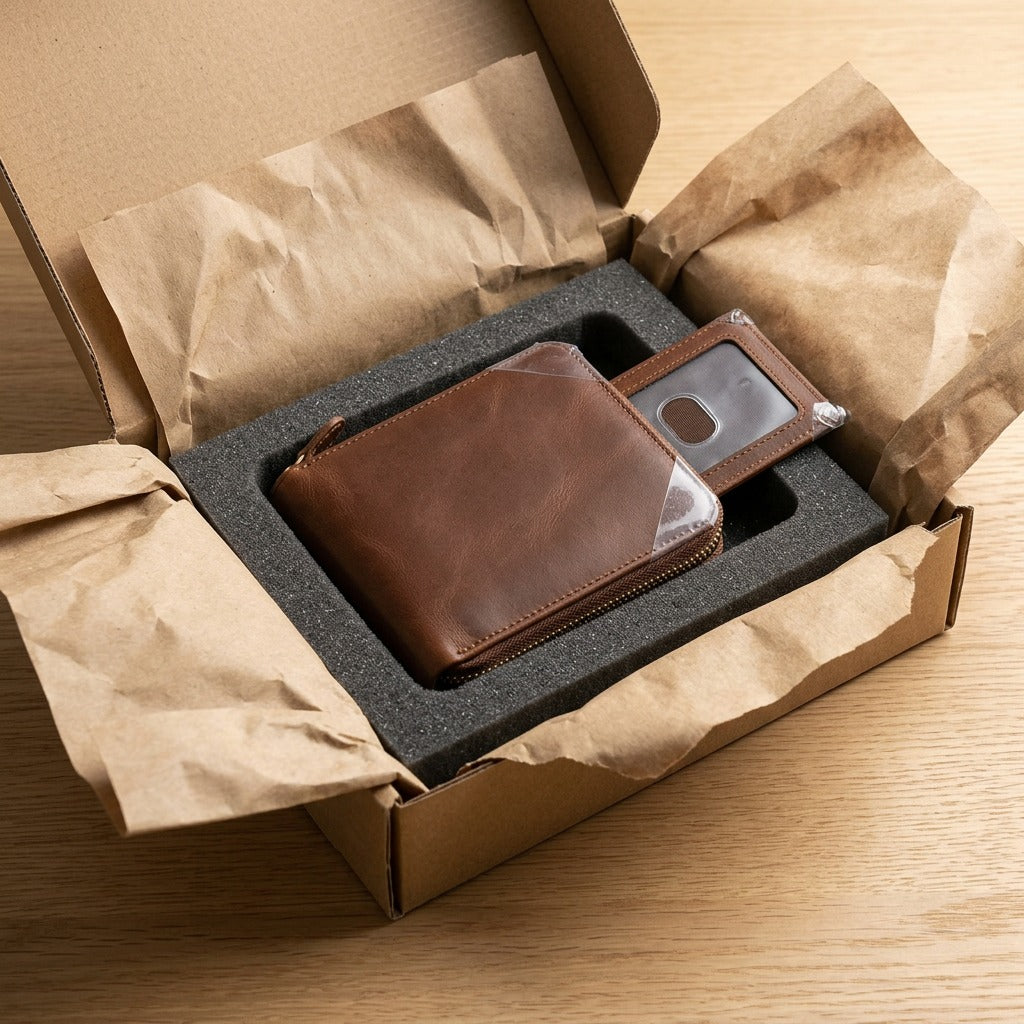 Mancini Leather Goods men's zip wallet protected by custom foam and kraft paper in an open shipping box.