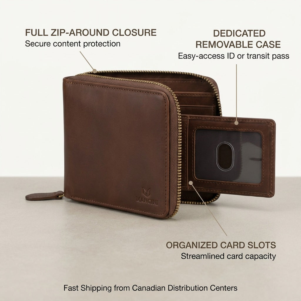 Mancini men's zip wallet infographic with pointers to key features and storage.