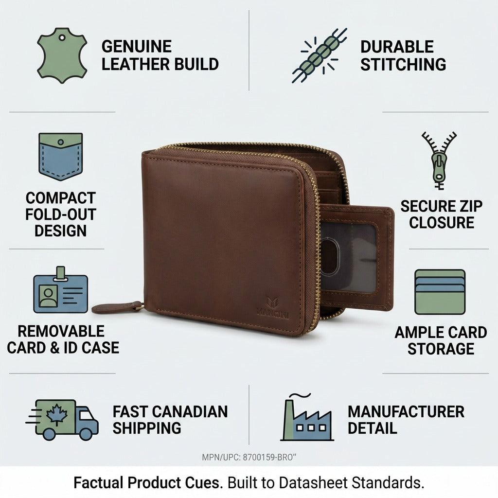 Mancini Leather Goods wallet infographic displaying key features and trust points with simple icons.