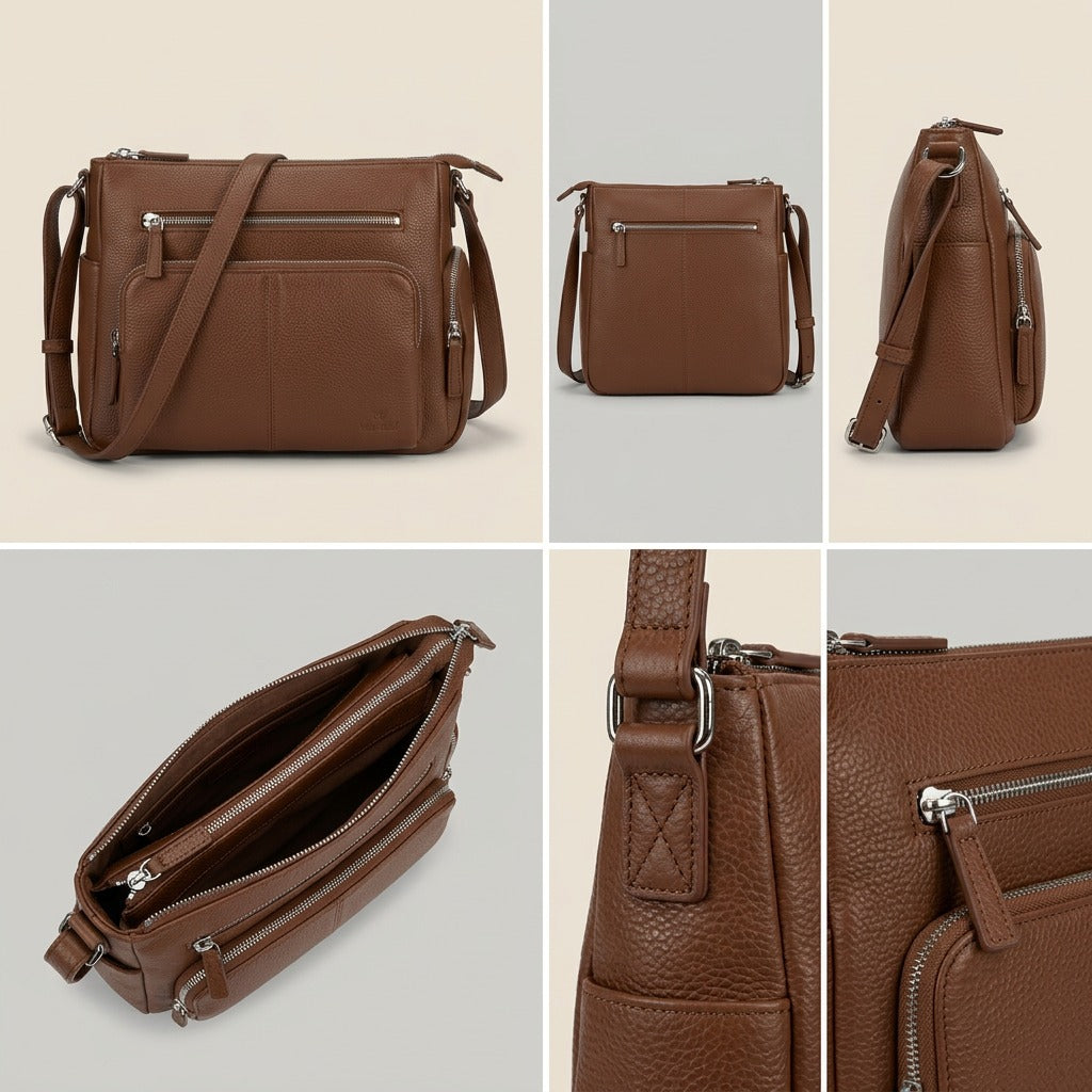 A product matrix of a Mancini brown leather crossbody bag shown from five different angles.