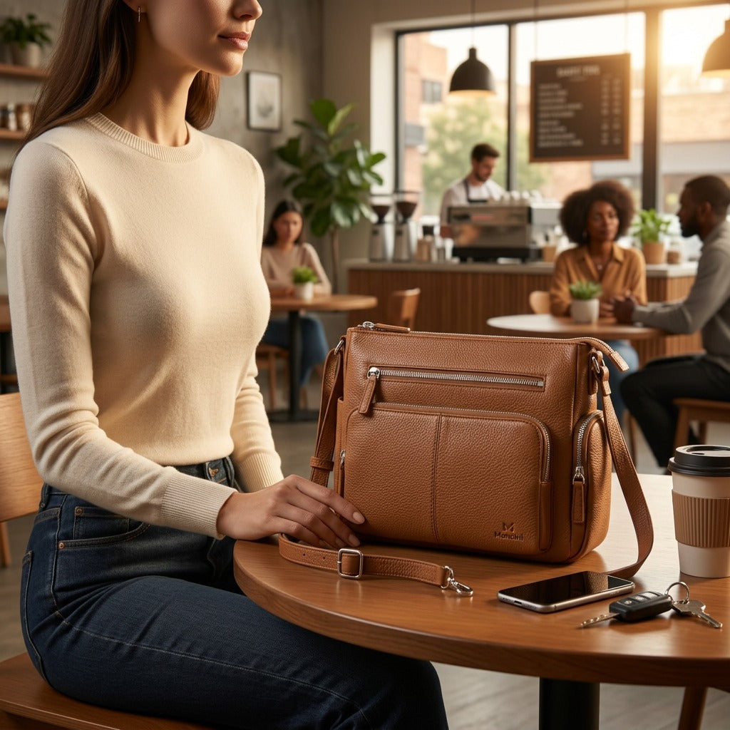 A lifestyle photo of the tan brown Mancini leather crossbody bag on a blurred cafe table.
