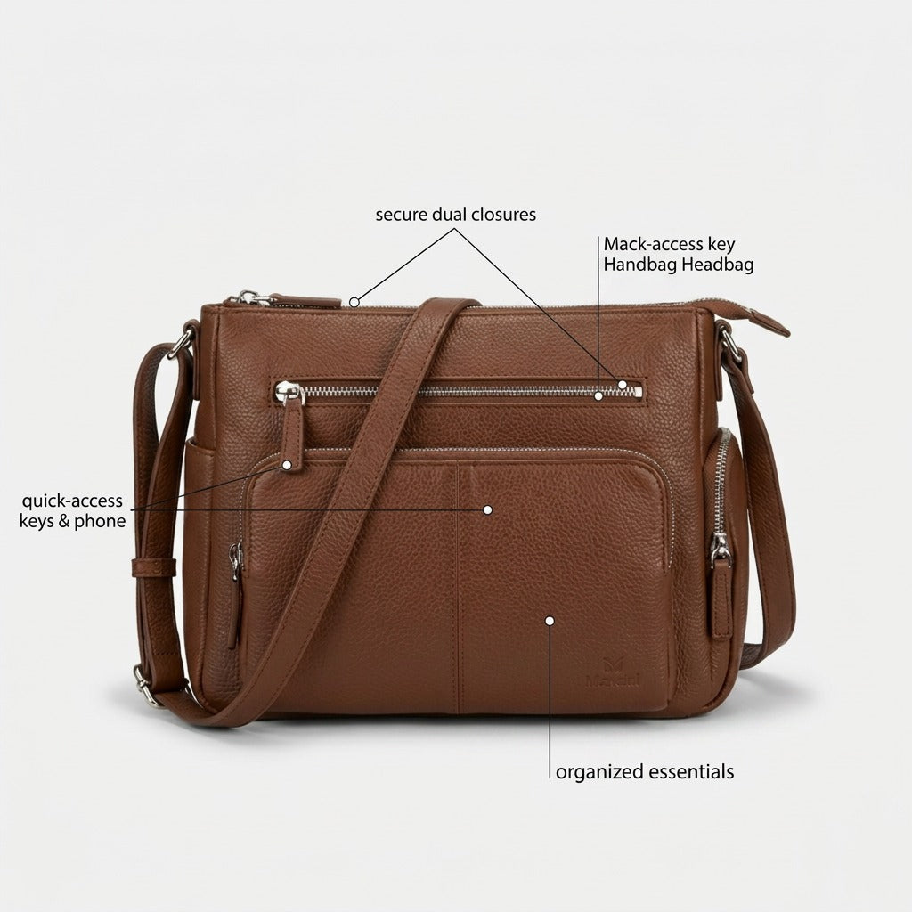 Mancini June Crossbody feature callout: secure closures, quick-access pockets, organized essentials.